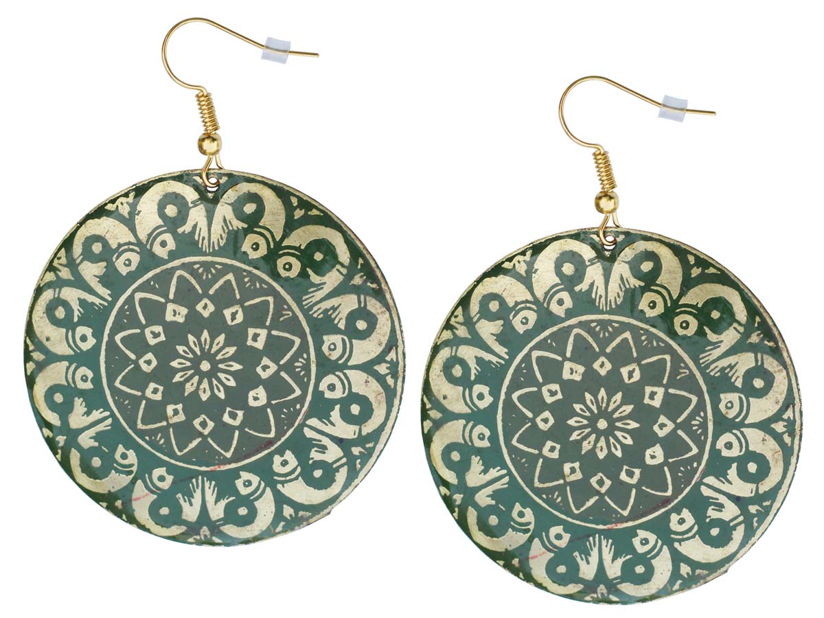 2.5” Round Brass Hook Earrings with Green Off-White Piscean Pattern - Drop Earrings / Accessories for Her - Buy in Bulk Wholesale
